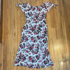 Rayon Floral Maxi Dress with Tie Sleeves and Leg Slit